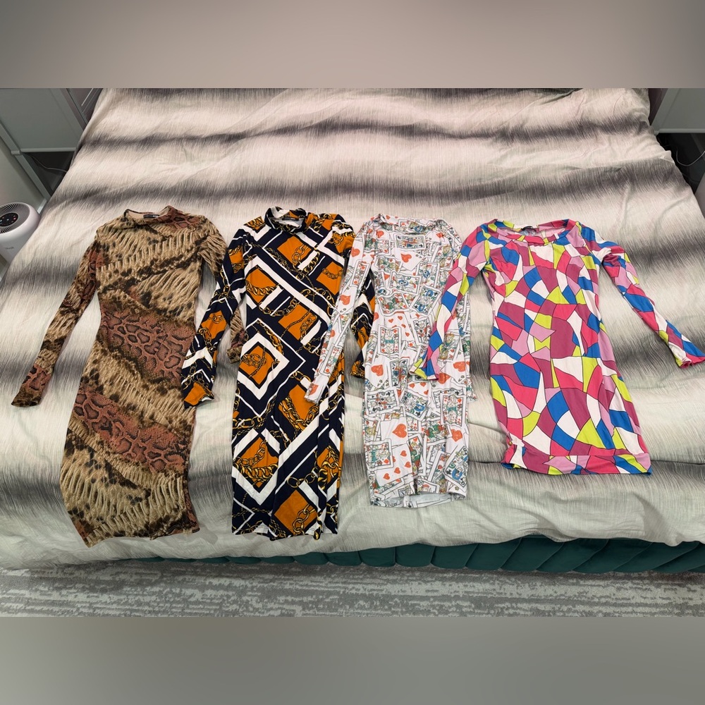 Lot of 4 Colorful Patterned Long Sleeve Dresses